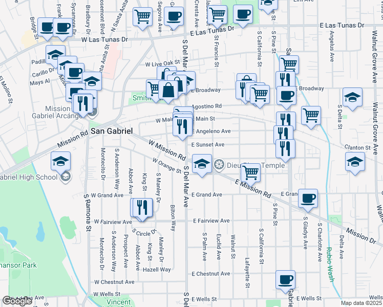map of restaurants, bars, coffee shops, grocery stores, and more near 616 South Del Mar Avenue in San Gabriel