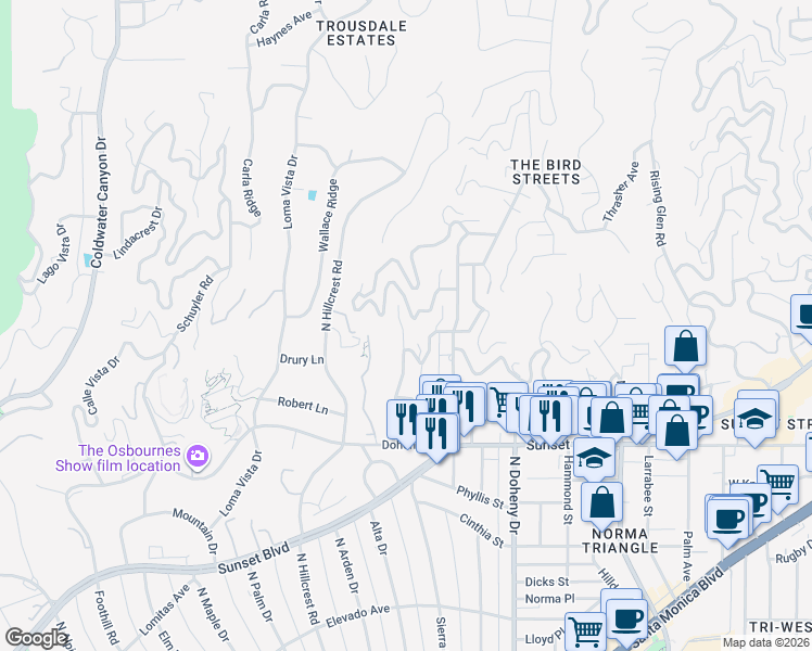 map of restaurants, bars, coffee shops, grocery stores, and more near 1328 Sierra Alta Way in Los Angeles