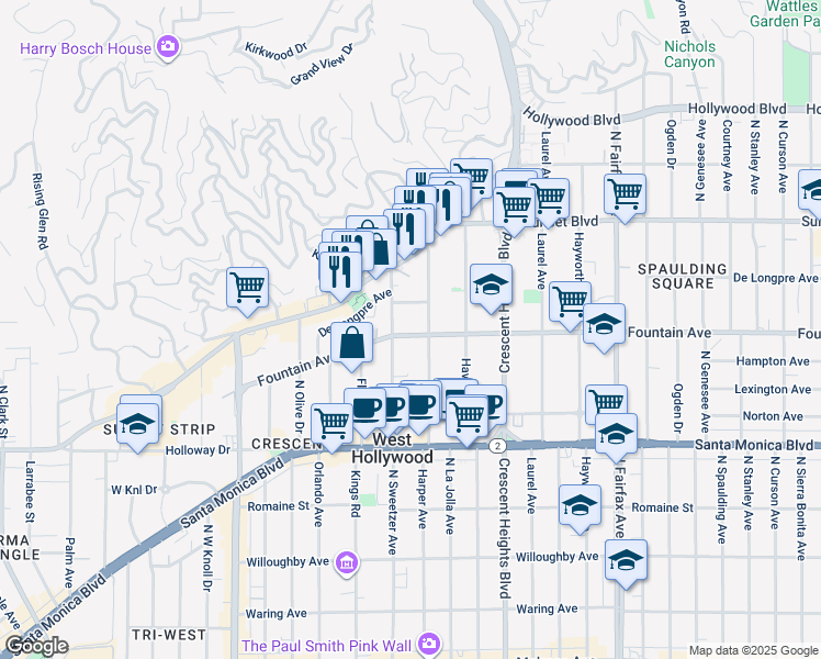 map of restaurants, bars, coffee shops, grocery stores, and more near 8265 Fountain Avenue in West Hollywood