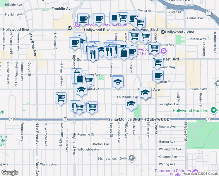 map of restaurants, bars, coffee shops, grocery stores, and more near 1301 Seward Street in Los Angeles