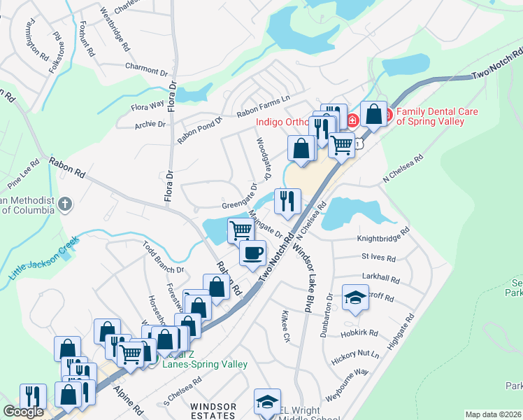 map of restaurants, bars, coffee shops, grocery stores, and more near 52 Royalgate Drive in Columbia