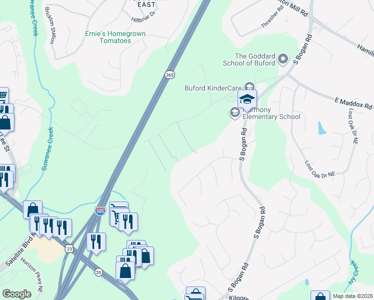 map of restaurants, bars, coffee shops, grocery stores, and more near 2287 East Maddox Road in Buford