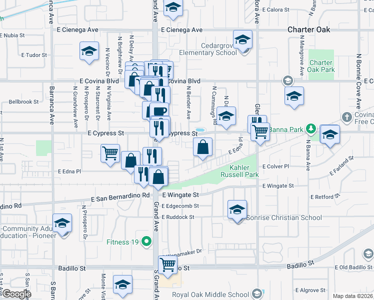 map of restaurants, bars, coffee shops, grocery stores, and more near 841 North Dodsworth Avenue in Covina