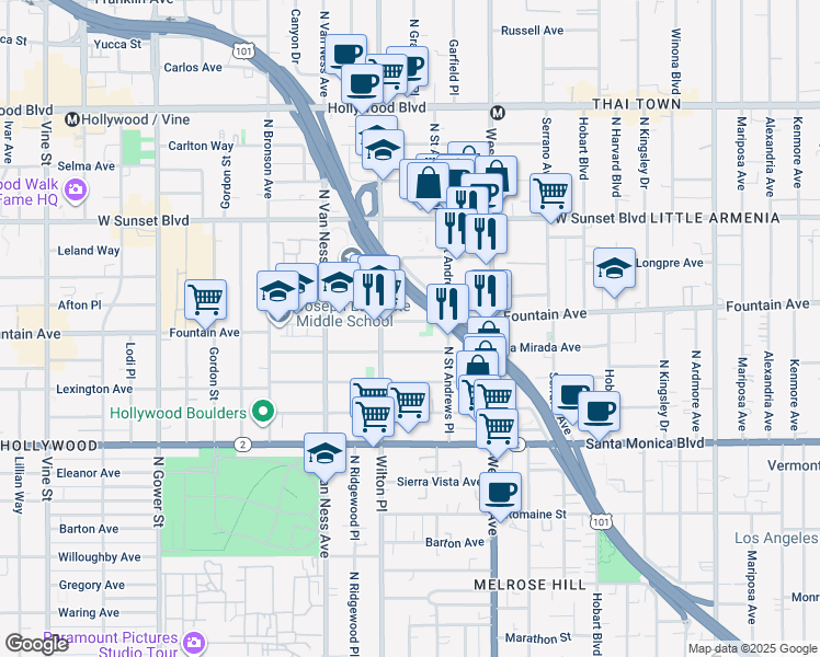 map of restaurants, bars, coffee shops, grocery stores, and more near 5642 Fountain Avenue in Los Angeles