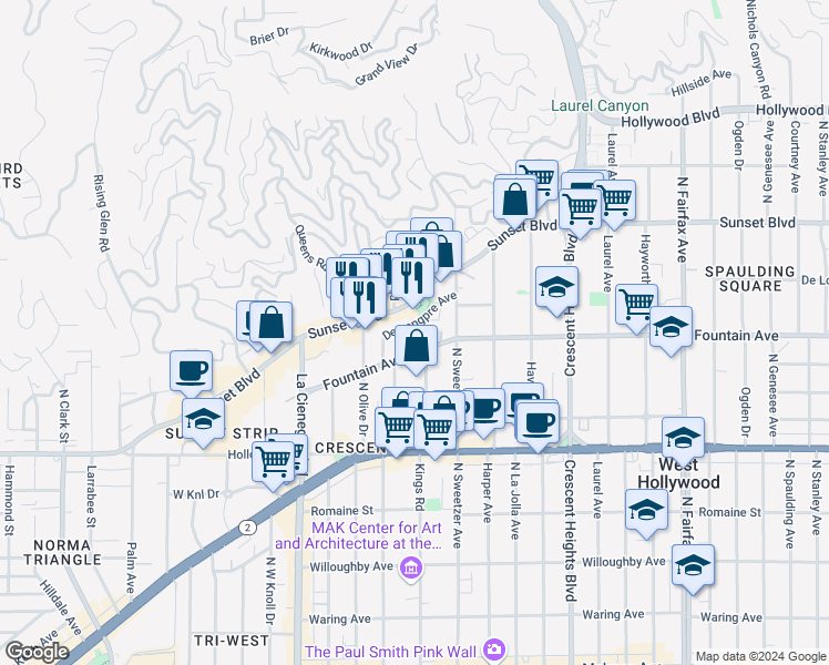 map of restaurants, bars, coffee shops, grocery stores, and more near 8400 De Longpre Avenue in West Hollywood