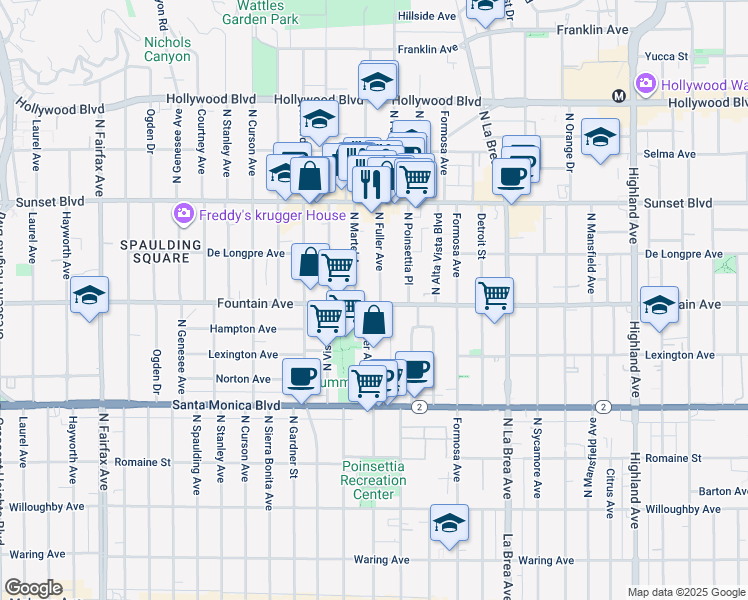 map of restaurants, bars, coffee shops, grocery stores, and more near 7301 Fountain Avenue in Los Angeles
