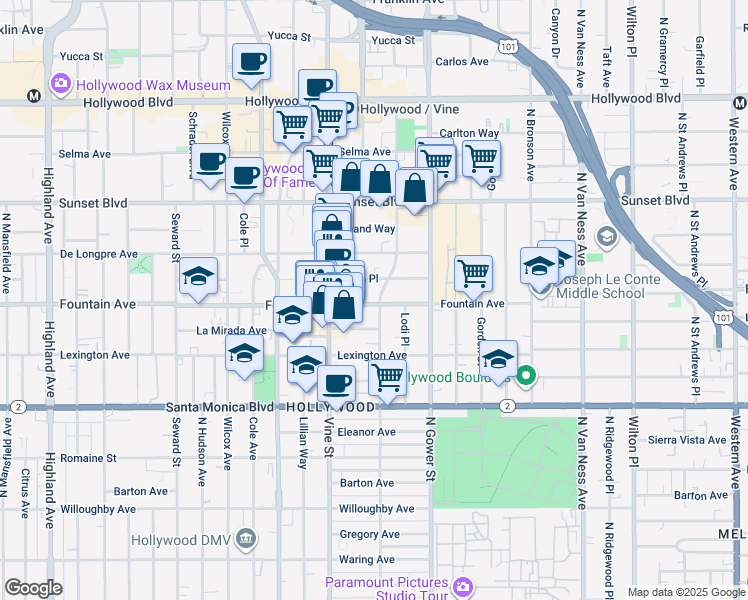 map of restaurants, bars, coffee shops, grocery stores, and more near 6201 Fountain Avenue in Los Angeles