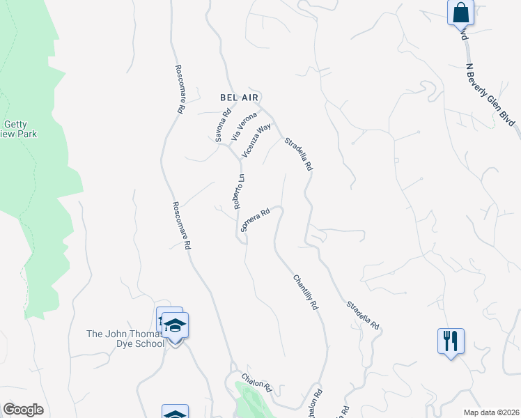 map of restaurants, bars, coffee shops, grocery stores, and more near 1165 Somera Road in Los Angeles