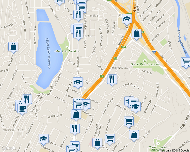 map of restaurants, bars, coffee shops, grocery stores, and more near 2229 Oak Glen Place in Los Angeles