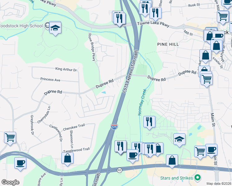map of restaurants, bars, coffee shops, grocery stores, and more near 1439 Dupree Road in Woodstock