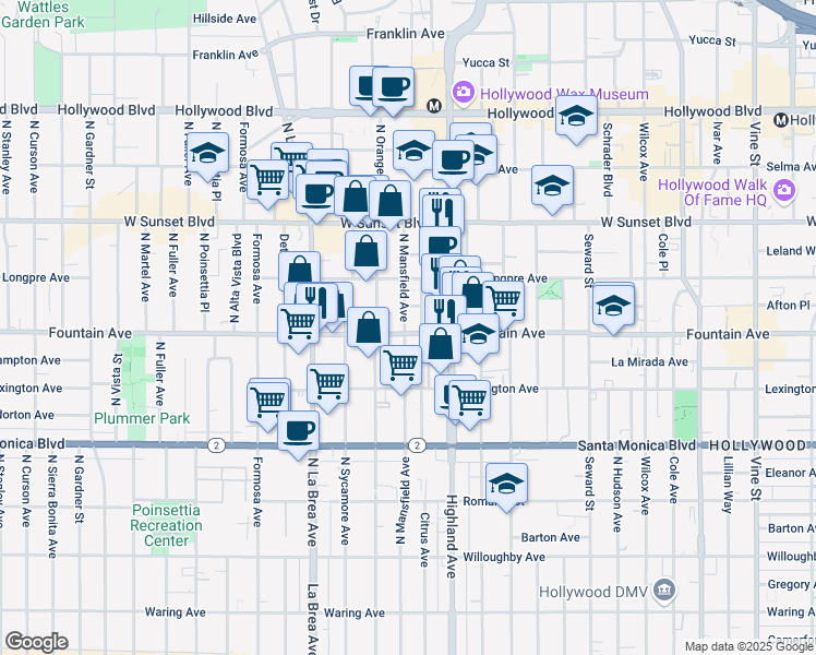 map of restaurants, bars, coffee shops, grocery stores, and more near 1304 North Mansfield Avenue in Los Angeles
