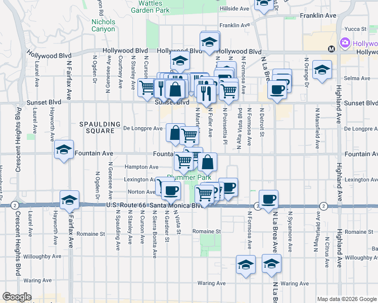 map of restaurants, bars, coffee shops, grocery stores, and more near 7371 Fountain Avenue in West Hollywood