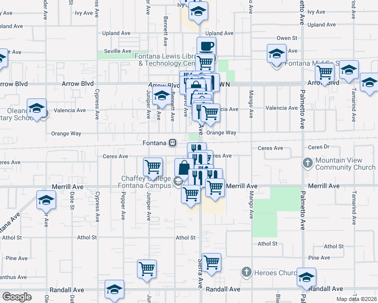 map of restaurants, bars, coffee shops, grocery stores, and more near 16838 Ceres Avenue in Fontana