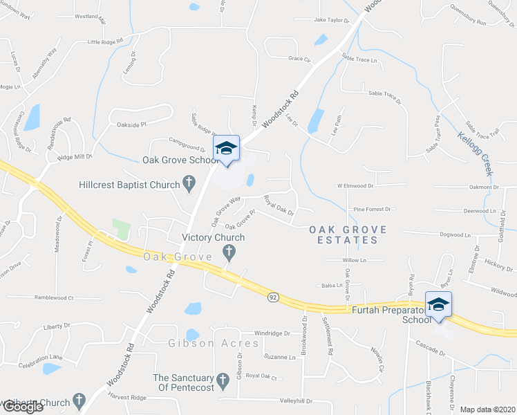 map of restaurants, bars, coffee shops, grocery stores, and more near 135 Oak Grove Place in Acworth