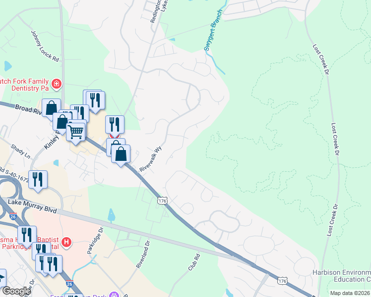 map of restaurants, bars, coffee shops, grocery stores, and more near 124 Woodspur Road in Irmo