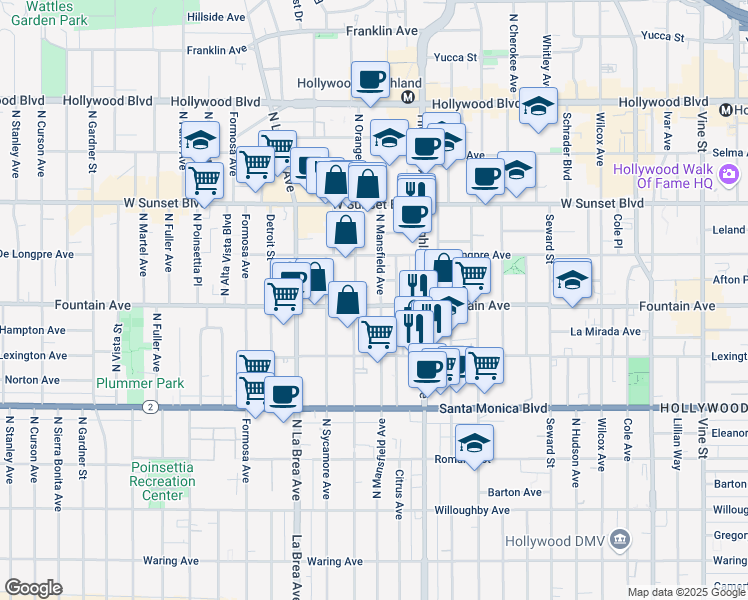 map of restaurants, bars, coffee shops, grocery stores, and more near 1301 North Mansfield Avenue in Los Angeles