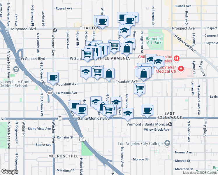 map of restaurants, bars, coffee shops, grocery stores, and more near in Los Angeles