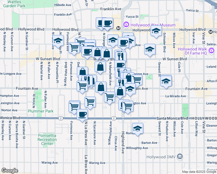 map of restaurants, bars, coffee shops, grocery stores, and more near 1317 North Mansfield Avenue in Los Angeles