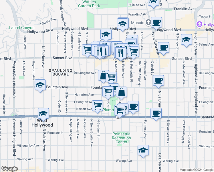 map of restaurants, bars, coffee shops, grocery stores, and more near 7401 Fountain Avenue in Los Angeles