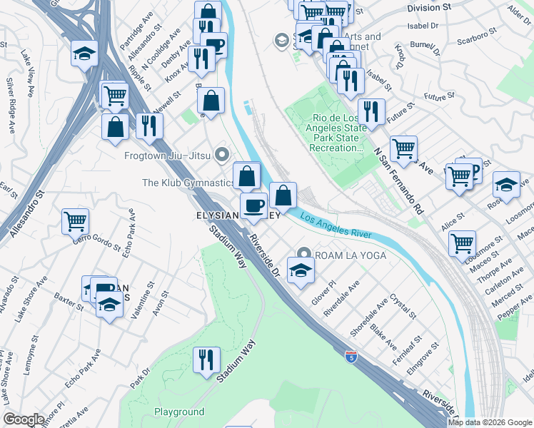 map of restaurants, bars, coffee shops, grocery stores, and more near 2400 Forney Street in Los Angeles