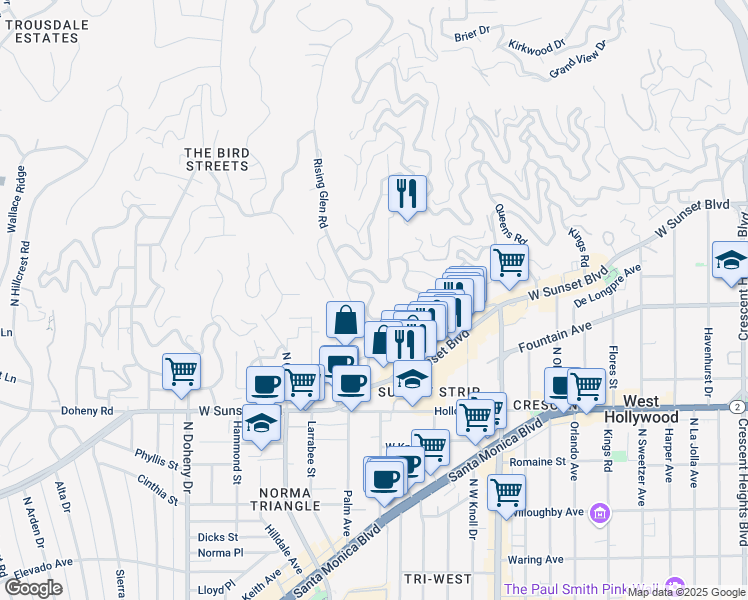 map of restaurants, bars, coffee shops, grocery stores, and more near 1270 Sunset Plaza Drive in Los Angeles