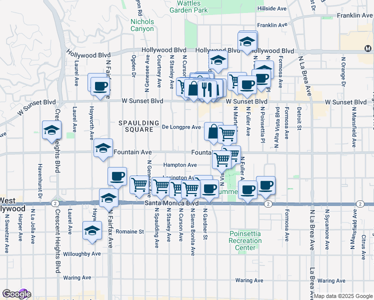 map of restaurants, bars, coffee shops, grocery stores, and more near 1312 North Curson Avenue in Los Angeles