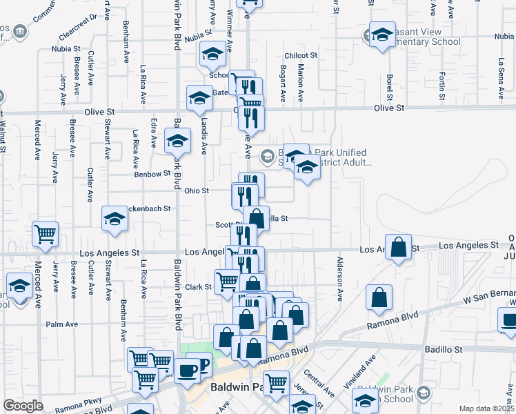 map of restaurants, bars, coffee shops, grocery stores, and more near 4540 1/2 Maine Avenue in Baldwin Park