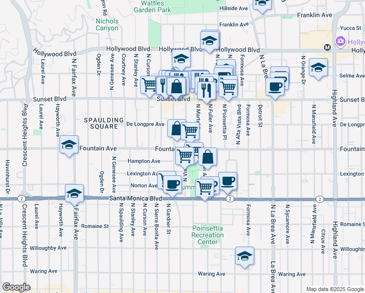 map of restaurants, bars, coffee shops, grocery stores, and more near 7401 Fountain Avenue in Los Angeles