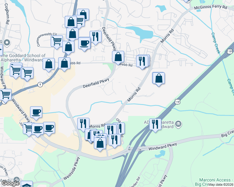 map of restaurants, bars, coffee shops, grocery stores, and more near 12787 Doe Drive in Alpharetta