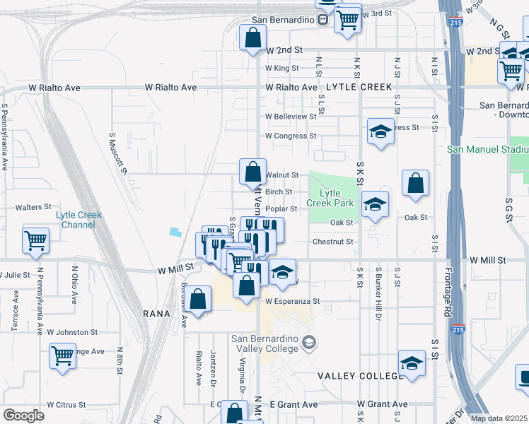 map of restaurants, bars, coffee shops, grocery stores, and more near 377 South Mount Vernon Avenue in San Bernardino