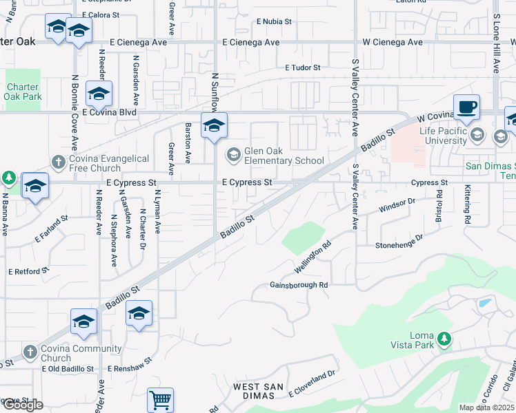map of restaurants, bars, coffee shops, grocery stores, and more near 2209 East Badillo Street in Covina