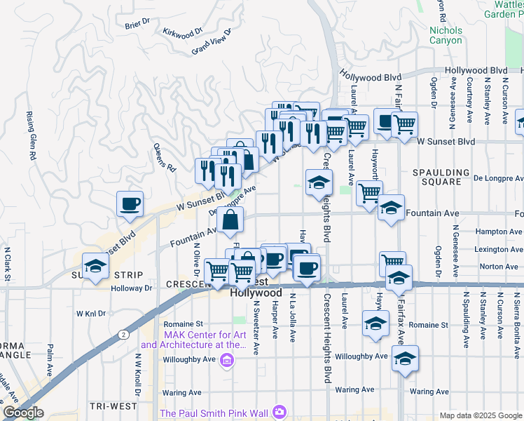 map of restaurants, bars, coffee shops, grocery stores, and more near 8277 Fountain Avenue in West Hollywood