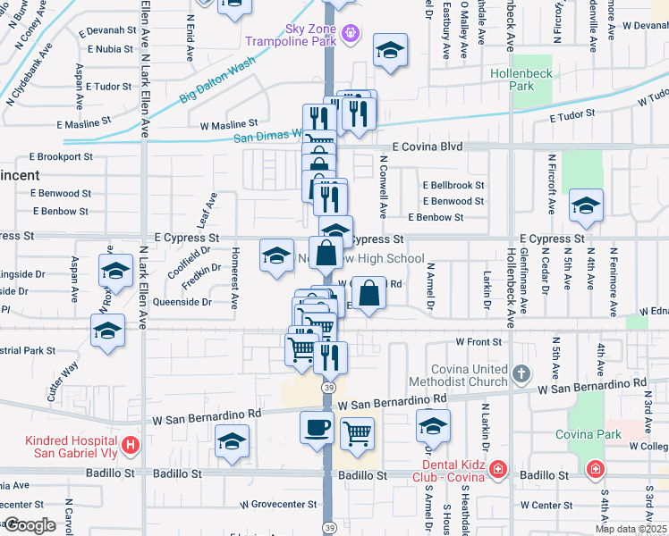 map of restaurants, bars, coffee shops, grocery stores, and more near 876 West Chester Road in Covina