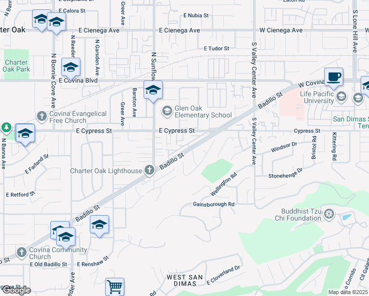 map of restaurants, bars, coffee shops, grocery stores, and more near 2209 East Badillo Street in Covina