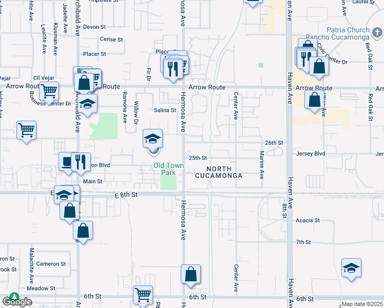 map of restaurants, bars, coffee shops, grocery stores, and more near 10134 25th Street in Rancho Cucamonga