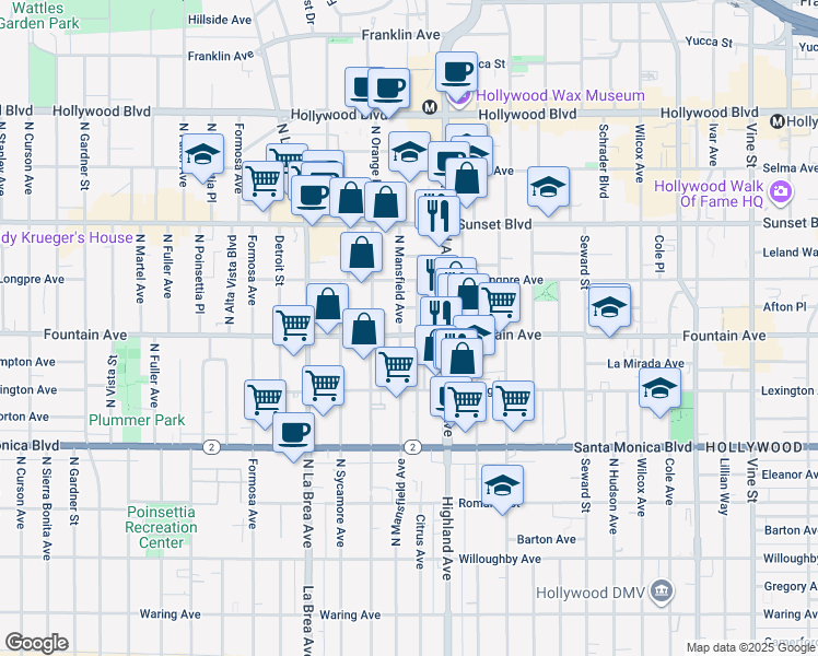 map of restaurants, bars, coffee shops, grocery stores, and more near 6867 Fountain Avenue in Los Angeles