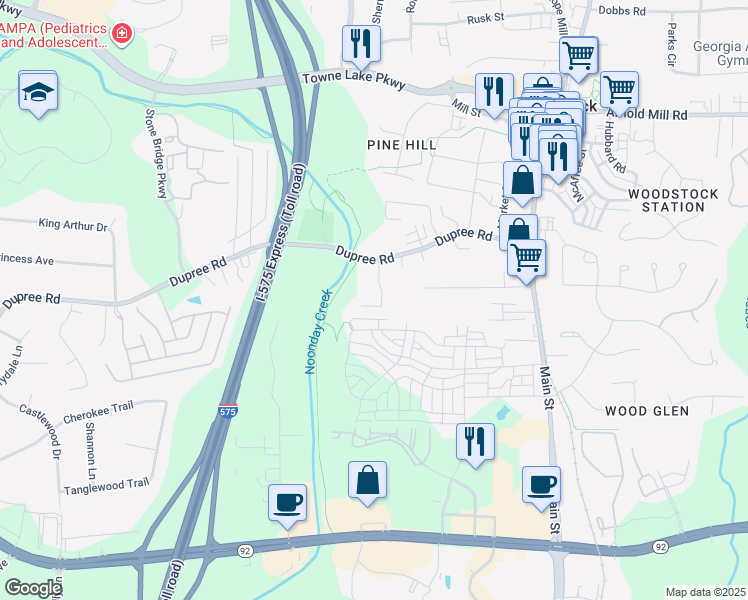 map of restaurants, bars, coffee shops, grocery stores, and more near 124 Creekwood Drive in Woodstock