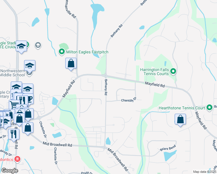 map of restaurants, bars, coffee shops, grocery stores, and more near 12805 Bethany Road in Alpharetta