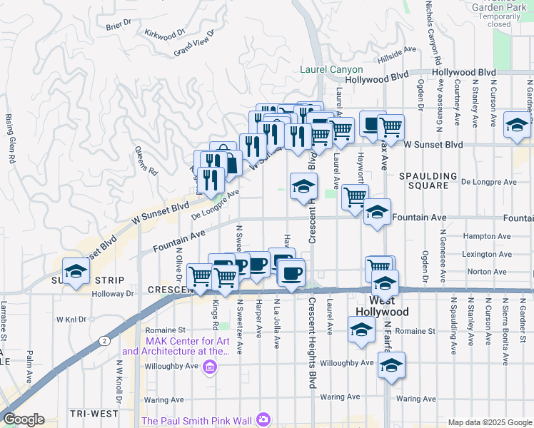 map of restaurants, bars, coffee shops, grocery stores, and more near 2 North Harper Avenue in Los Angeles