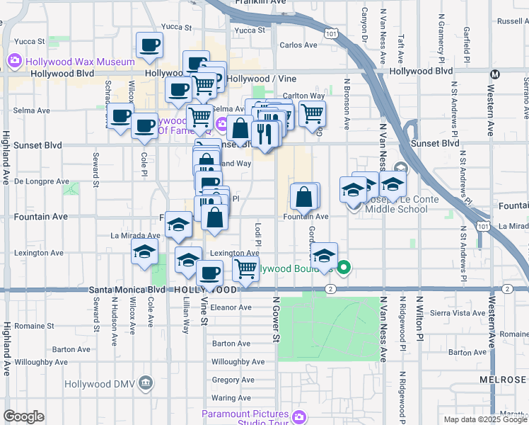 map of restaurants, bars, coffee shops, grocery stores, and more near 6117 Fountain Avenue in Los Angeles