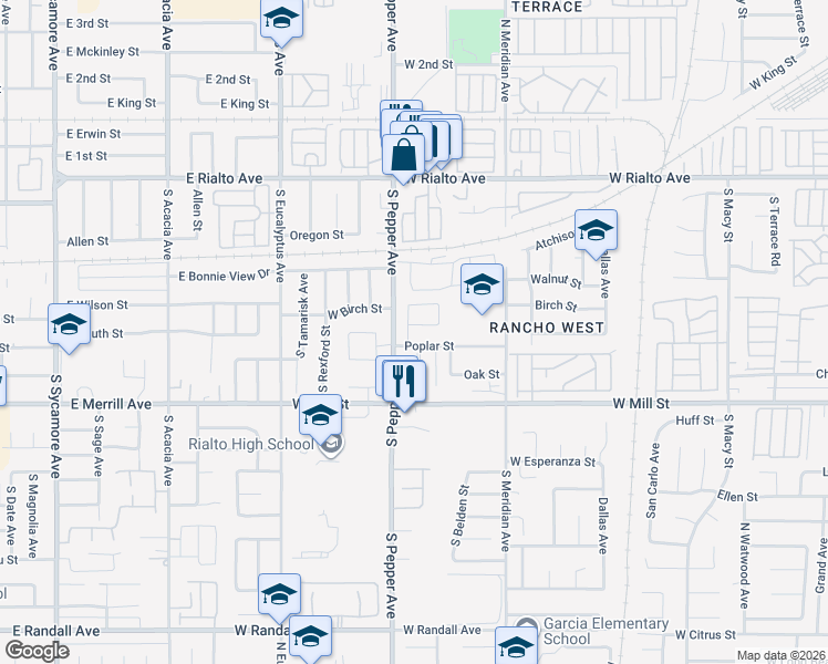 map of restaurants, bars, coffee shops, grocery stores, and more near 348 South Rosalind Street in Rialto