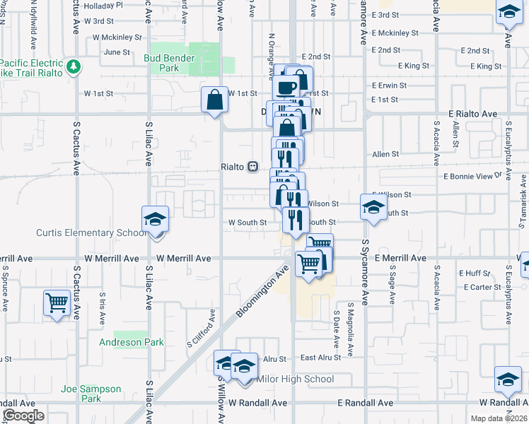map of restaurants, bars, coffee shops, grocery stores, and more near 170 West Wilson Street in Rialto