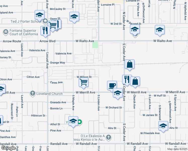 map of restaurants, bars, coffee shops, grocery stores, and more near 347 South Sandalwood Avenue in Rialto