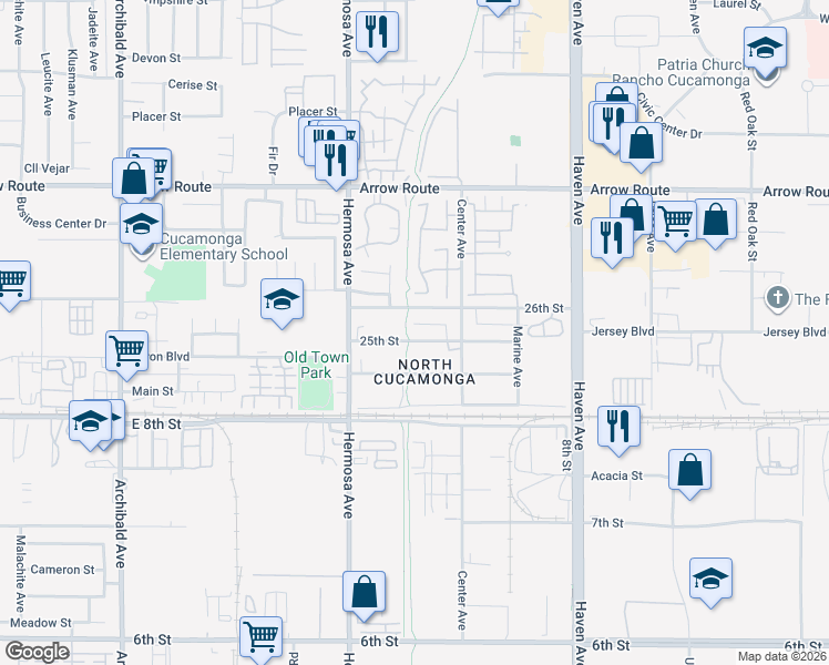 map of restaurants, bars, coffee shops, grocery stores, and more near 10217 26th Street in Rancho Cucamonga