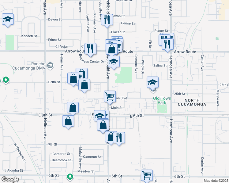 map of restaurants, bars, coffee shops, grocery stores, and more near 8730 Half Pinecrest Place in Rancho Cucamonga