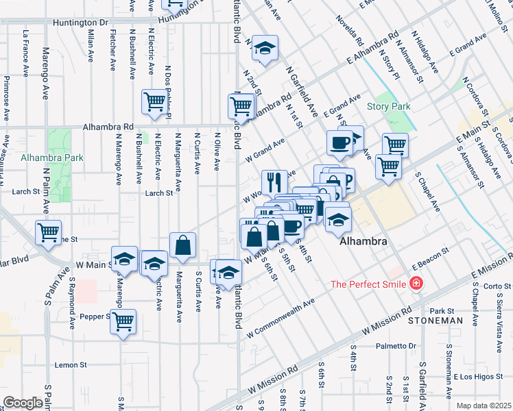 map of restaurants, bars, coffee shops, grocery stores, and more near 322 North Atlantic Boulevard in Alhambra