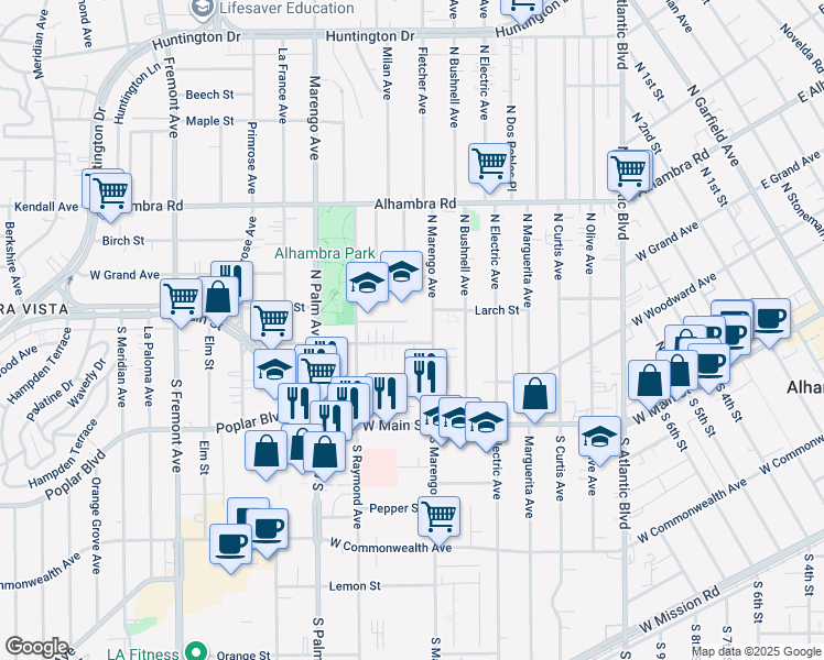 map of restaurants, bars, coffee shops, grocery stores, and more near 301 North Marengo Avenue in Alhambra