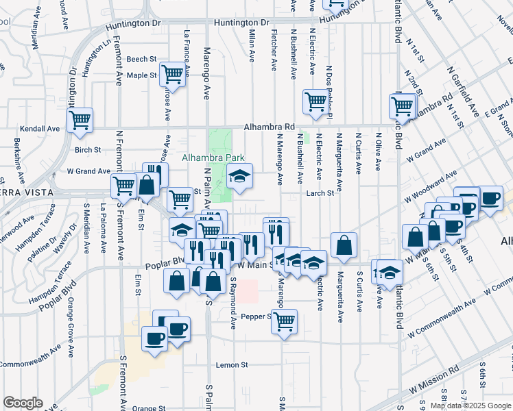 map of restaurants, bars, coffee shops, grocery stores, and more near 301 North Marengo Avenue in Alhambra