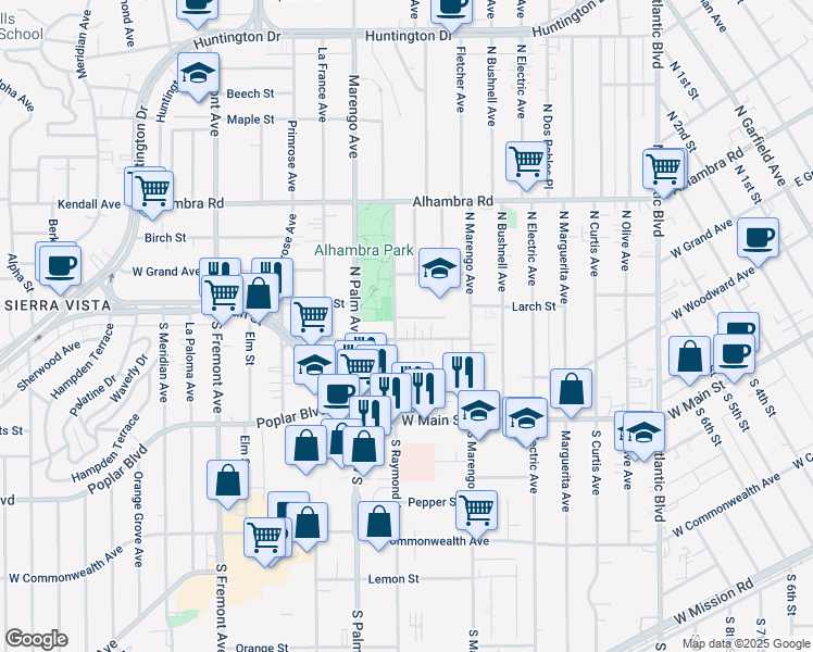 map of restaurants, bars, coffee shops, grocery stores, and more near 301 North Marengo Avenue in Alhambra