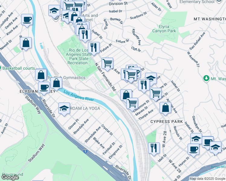 map of restaurants, bars, coffee shops, grocery stores, and more near 1261 North San Fernando Road in Los Angeles